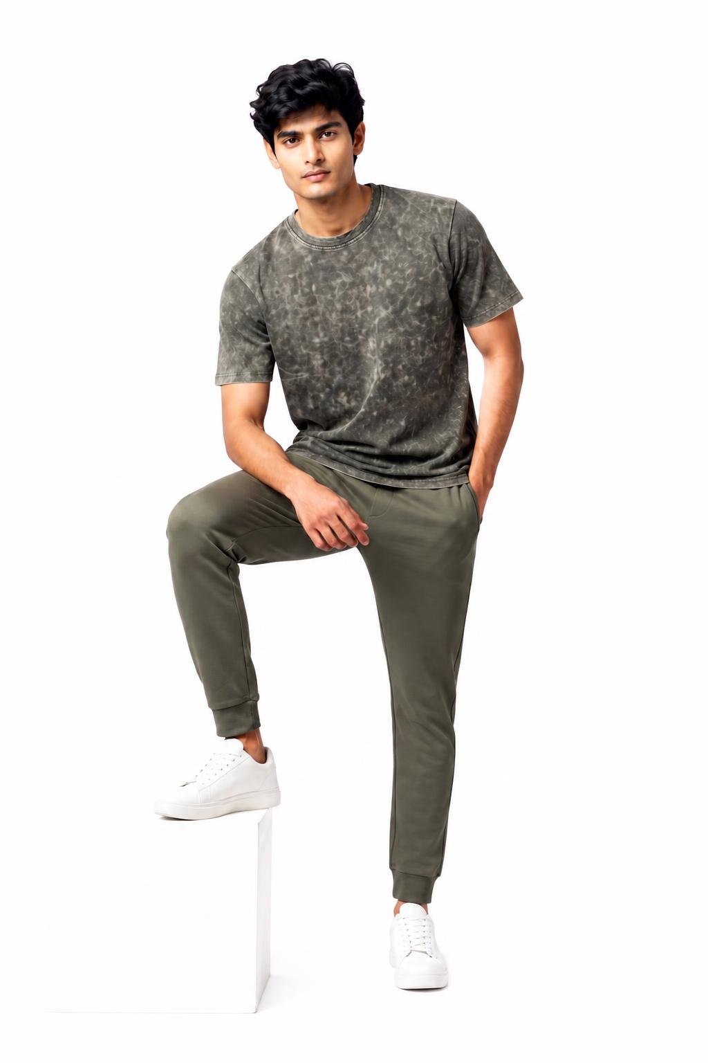 AMBRAM Men's 100% Cotton 200 GSM Acid Wash T-Shirt - Olive Green - Image 6