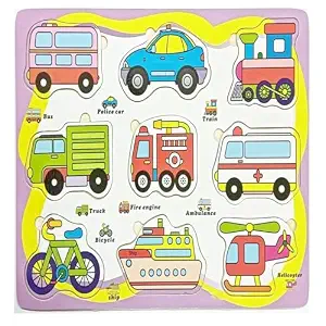 ZIPPYFOX Educational Transport Vehicles Wooden Puzzle Board, Learning Toys for Kids with Bus, Police Car, Train, Truck, Fire Engine, Ambulance, Bicycle, Ship and Helicopter