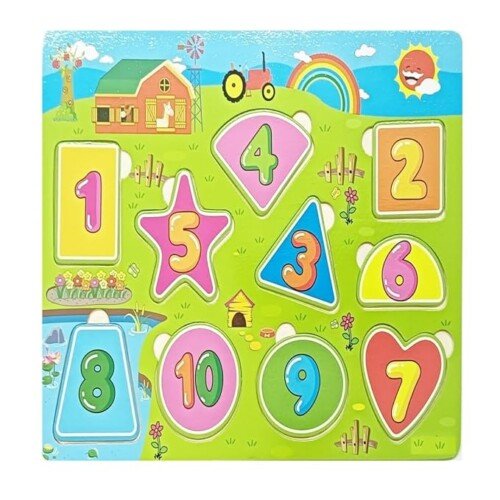 ZIPPYFOX Wooden Number Puzzle Board, Farm Theme Educational Toy for Kids, 1-10 Numbers with Shapes, Learning Board Game