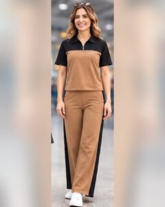 AMBRAM women's co-ord set airport look zip collar coord set brown 2 front