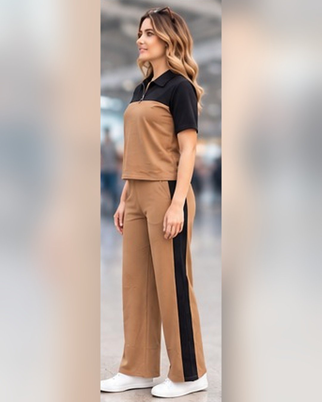 AMBRAM women's co-ord set airport look zip collar coord set brown 3 side