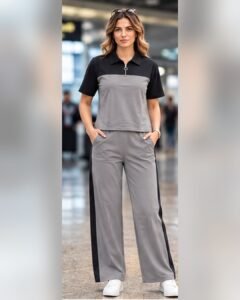AMBRAM women's co-ord set airport look zip collar coord set grey 2 front