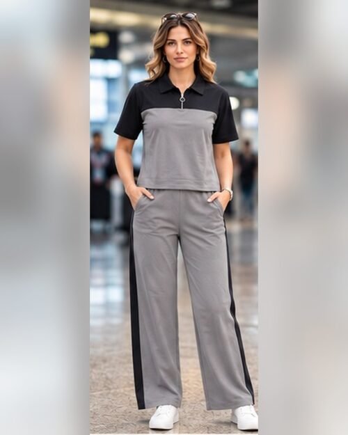 AMBRAM women's co-ord set airport look zip collar coord set grey 2 front