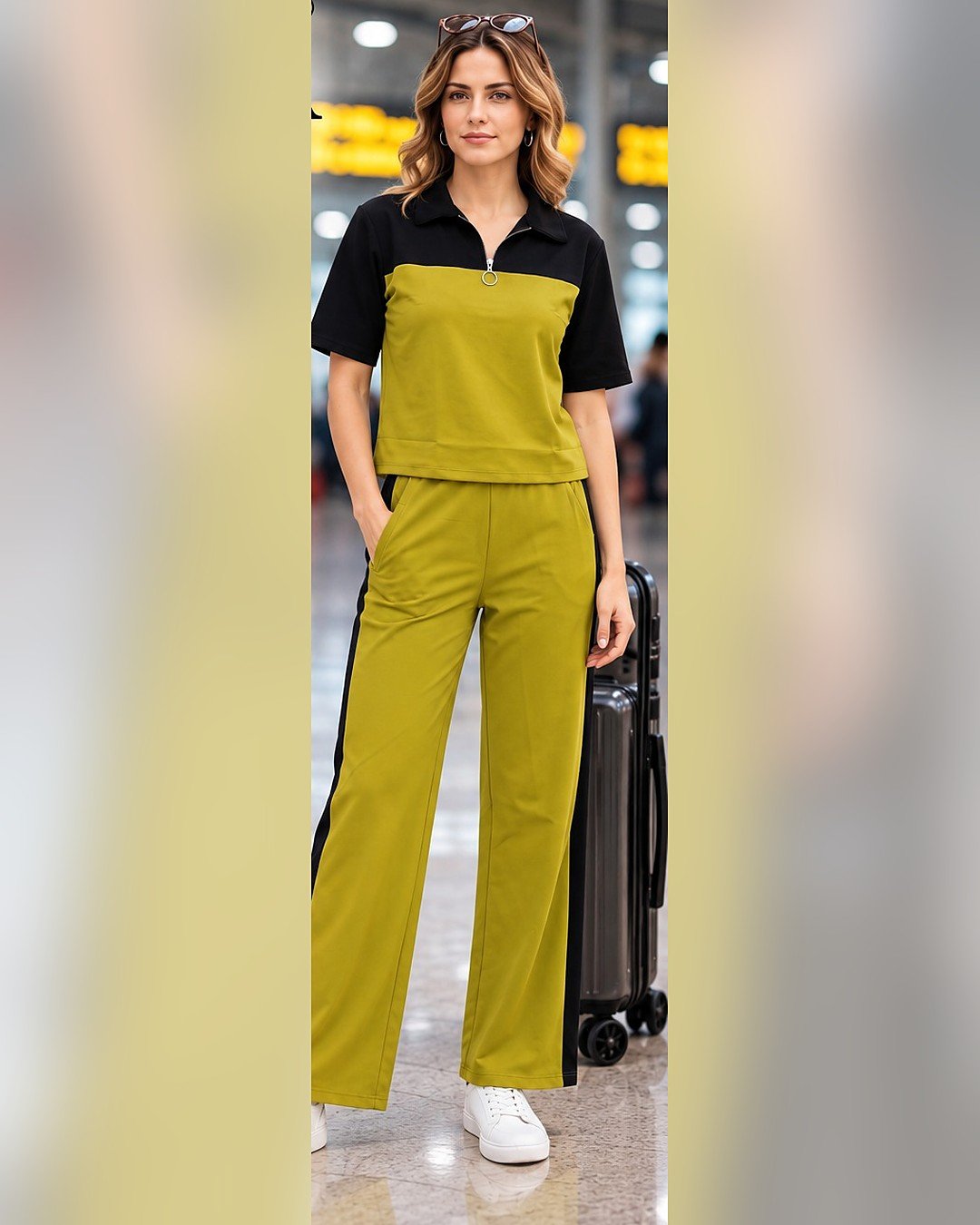 AMBRAM women's co-ord set airport look zip collar coord set lime 1 main