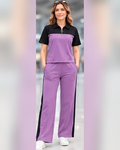 AMBRAM women's co-ord set airport look zip collar coord set purple 1 front