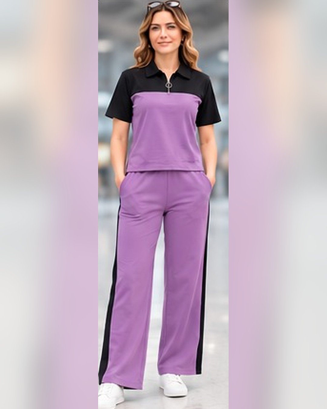 AMBRAM women's co-ord set airport look zip collar coord set purple 1 front