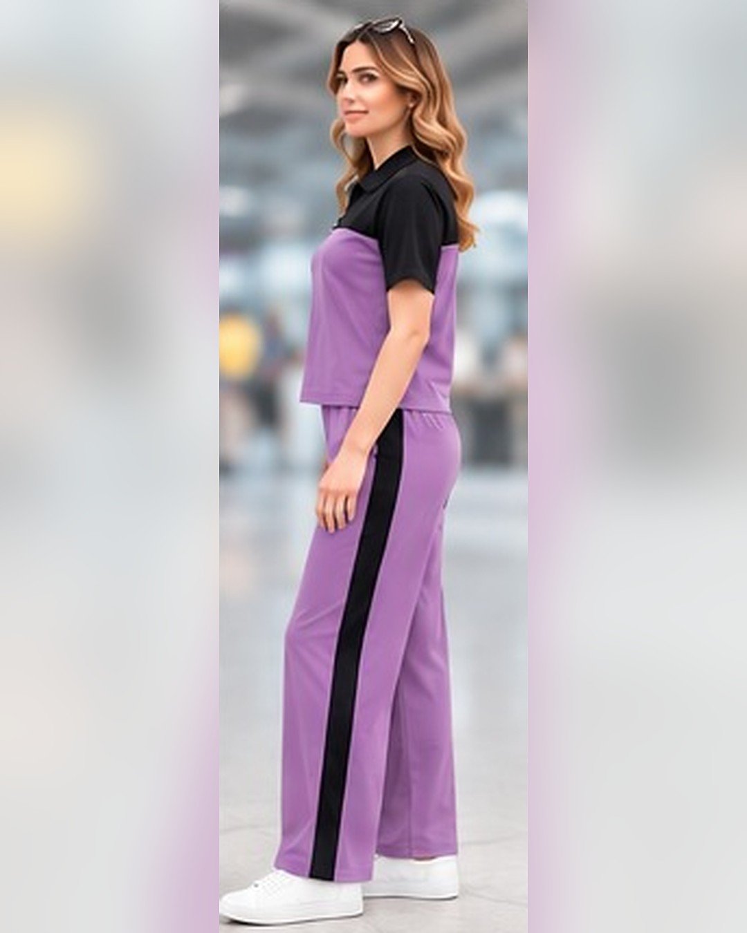 AMBRAM women's co-ord set airport look zip collar coord set purple 2 side