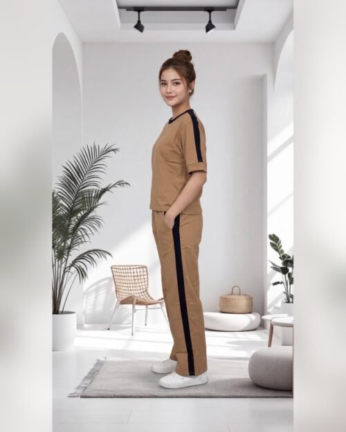 AMBRAM women's co-ord set colour block tshirt coord set camel 1