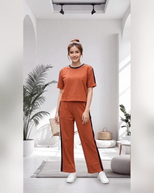 AMBRAM women's co-ord set colour block tshirt coord set rust 1