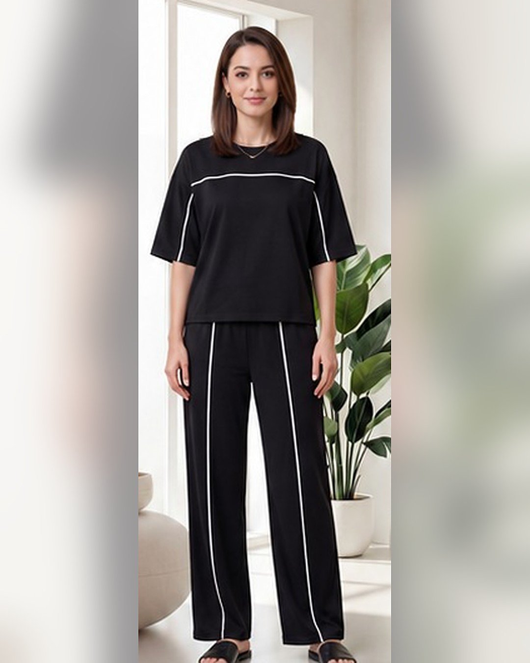 AMBRAM women's co-ord set contrast piping coord set black 1 front