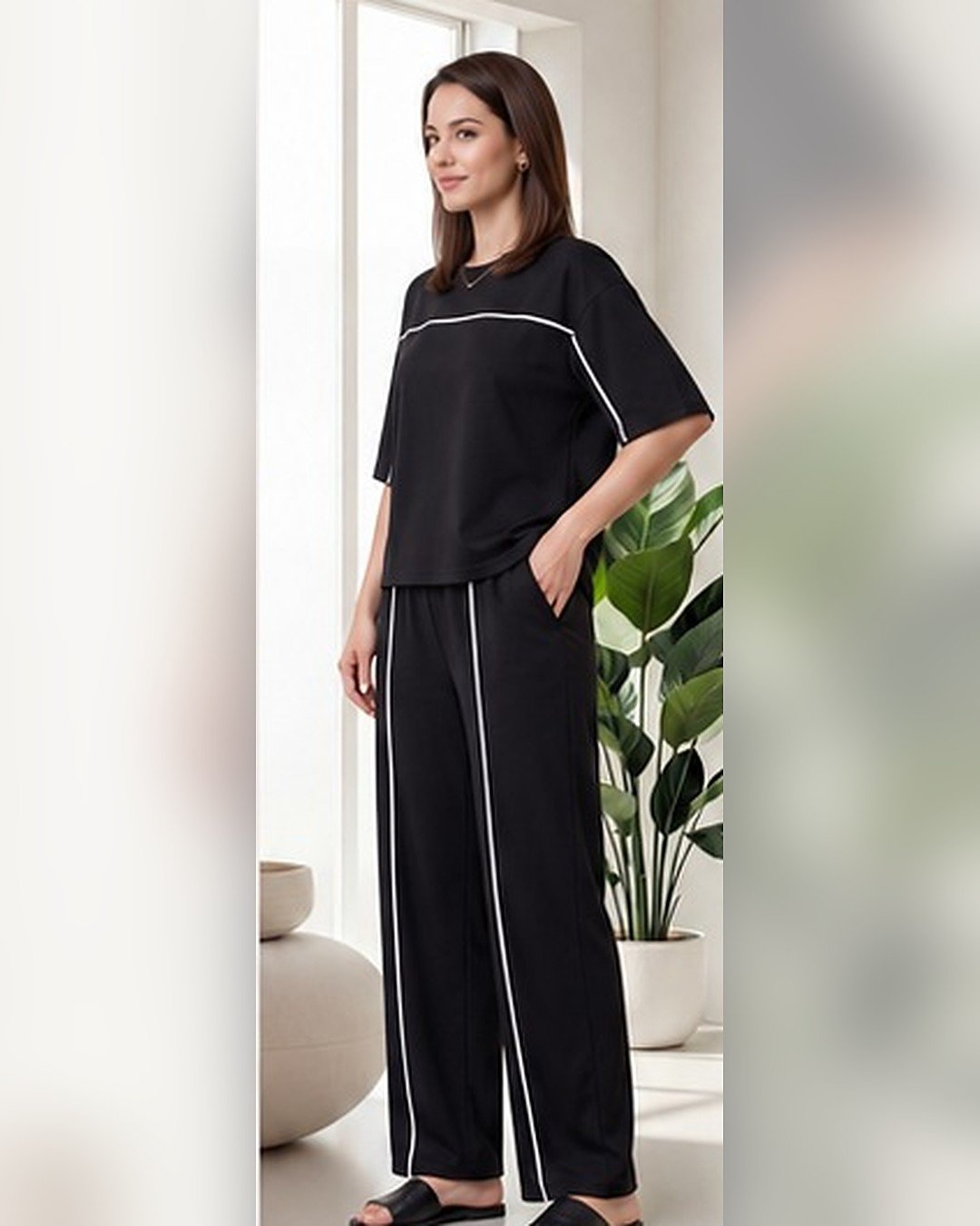 AMBRAM women's co-ord set contrast piping coord set black 2 side