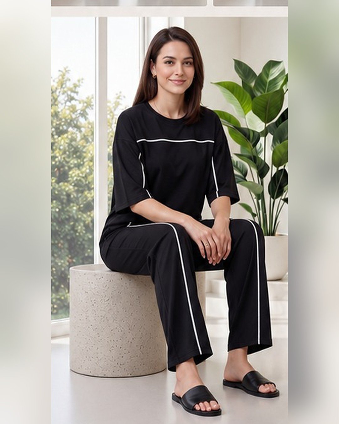 AMBRAM women's co-ord set contrast piping coord set black 4 seated