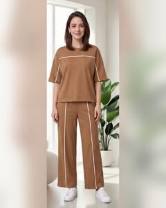 AMBRAM women's co-ord set contrast piping coord set brown 1 front