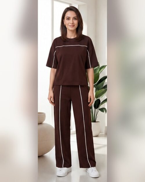 AMBRAM women's co-ord set contrast piping coord set coffee brown 1 front