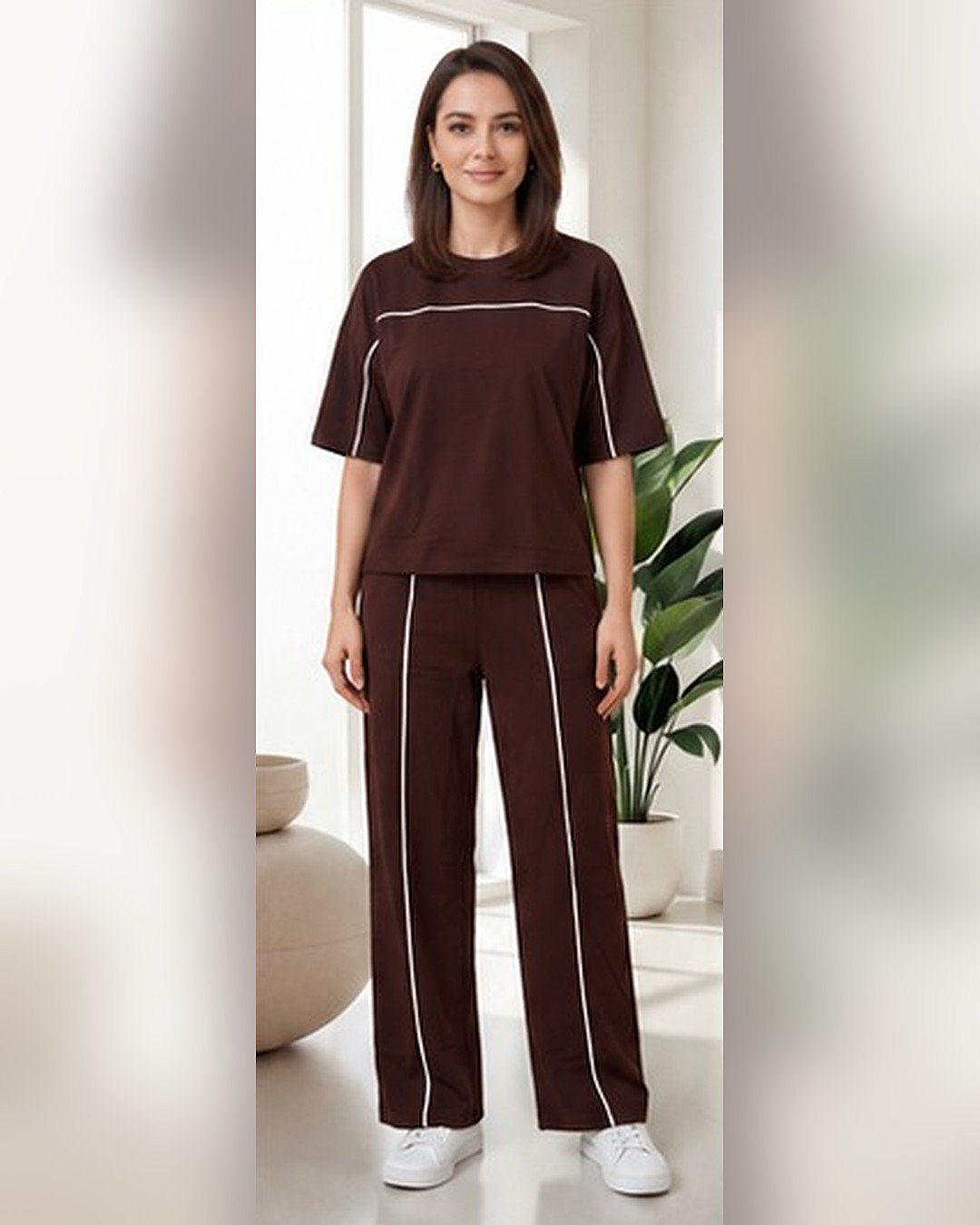 AMBRAM women's co-ord set contrast piping coord set coffee brown 1 front