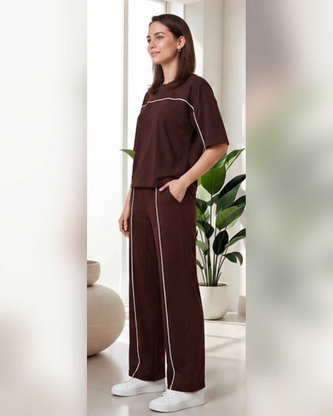 AMBRAM women's co-ord set contrast piping coord set coffee brown 2 side