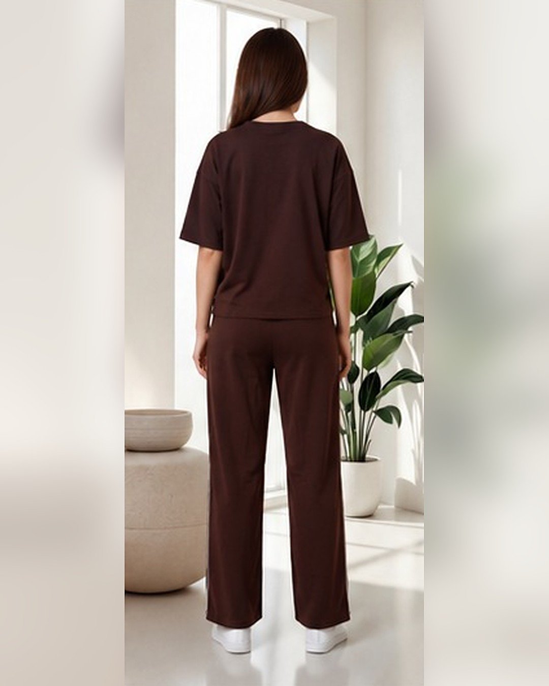 AMBRAM women's co-ord set contrast piping coord set coffee brown 3 back
