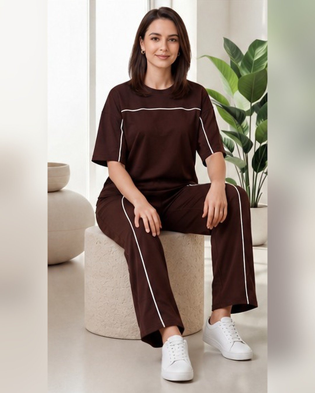 AMBRAM women's co-ord set contrast piping coord set coffee brown 4 seated