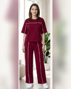 AMBRAM women's co-ord set contrast piping coord set maroon 1 front
