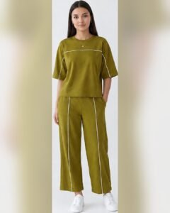 AMBRAM women's co-ord set contrast piping coord set olive 1 front