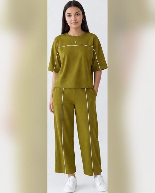 AMBRAM women's co-ord set contrast piping coord set olive 1 front