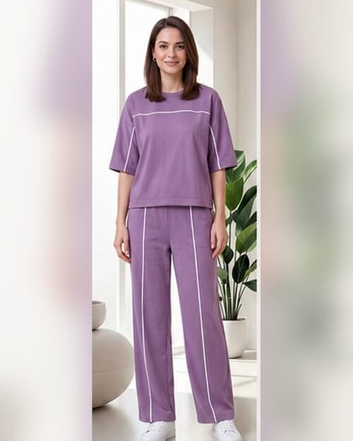AMBRAM women's co-ord set contrast piping coord set purple 1 front