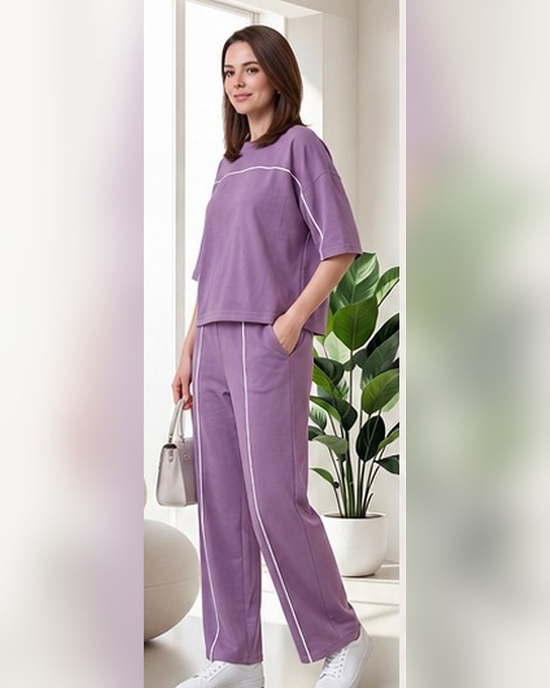 AMBRAM women's co-ord set contrast piping coord set purple 2 side