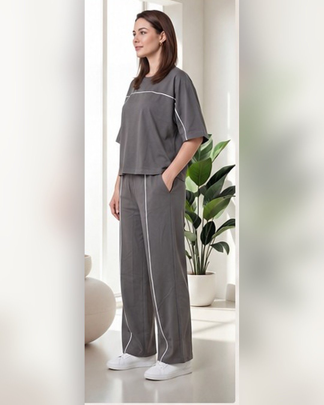 AMBRAM women's co-ord set contrast piping coord set steel grey 2 side