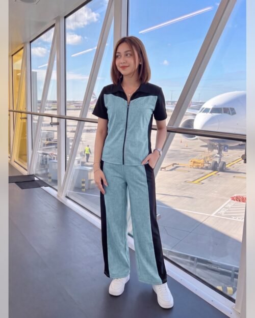 AMBRAM women's textured zip-collar co-ord set aqua full length front view