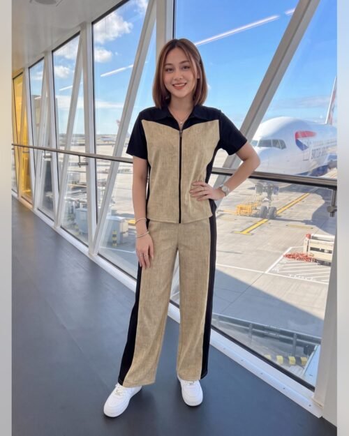 AMBRAM women's textured zip-collar co-ord set beige full length front view