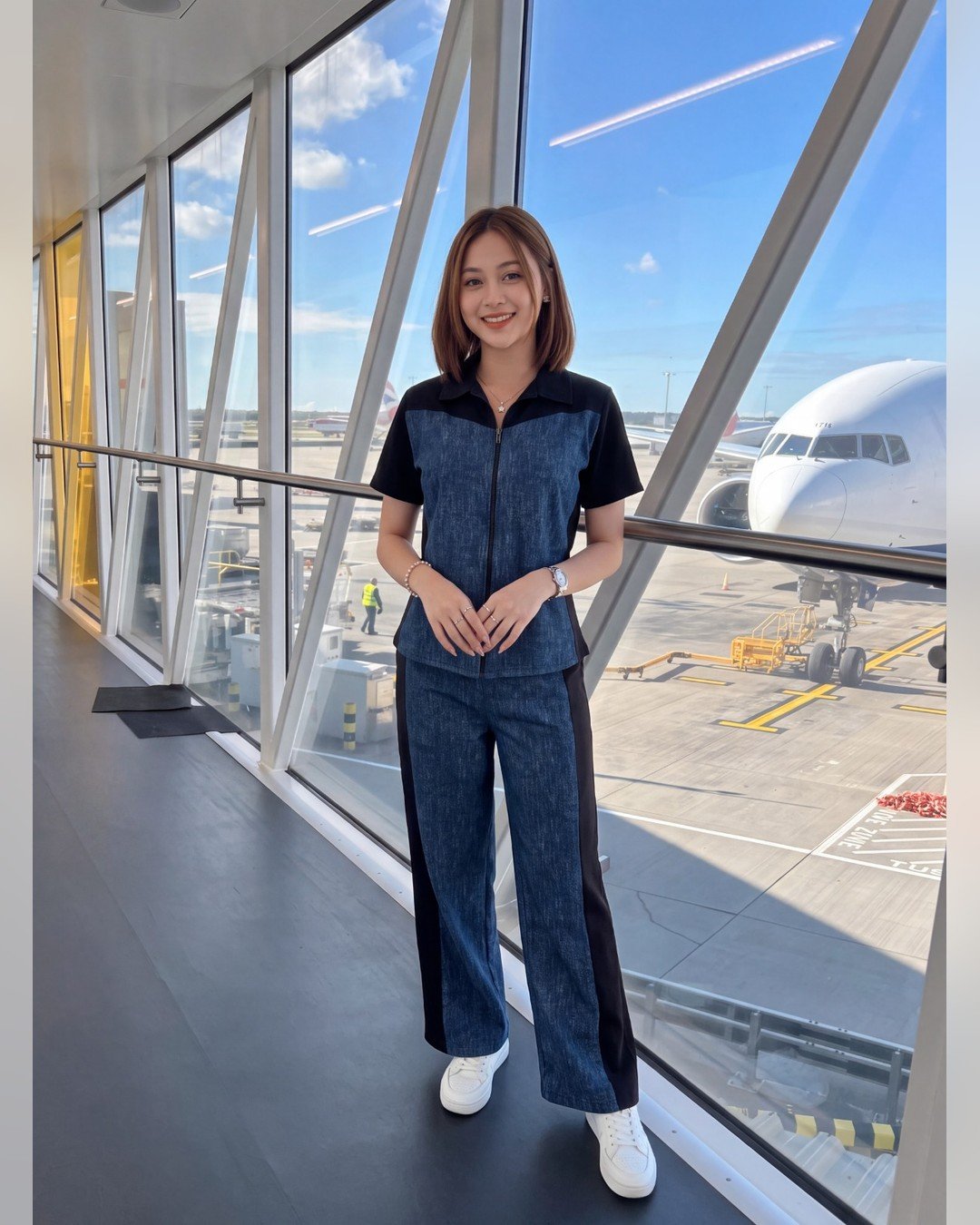 AMBRAM women's textured zip-collar co-ord set denim blue full length front view
