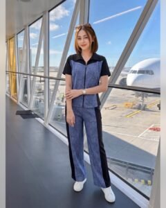 AMBRAM women's textured zip-collar co-ord set light blue full length front view